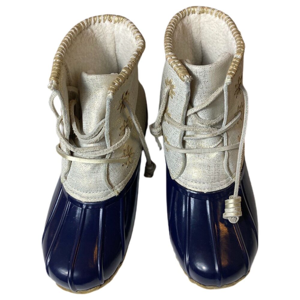 Jack Rogers Chloe Duck Boots Leather Navy Cream Lace Up 6
